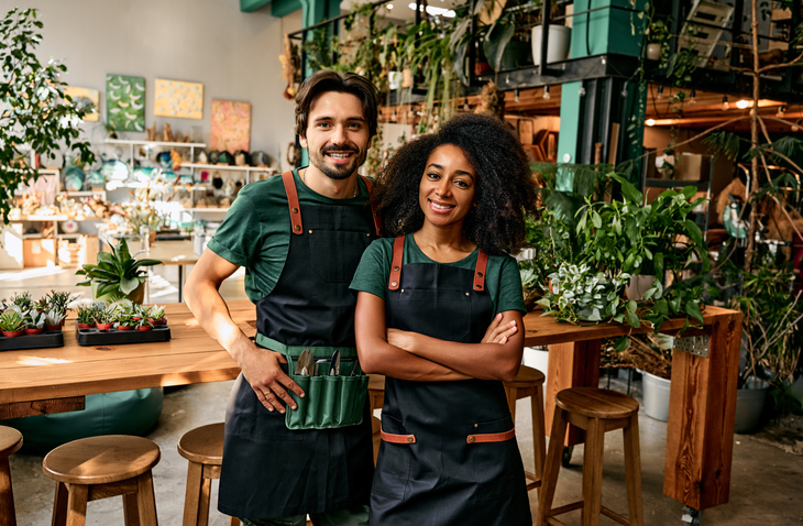 Two smiling employees in a flower and gift shop